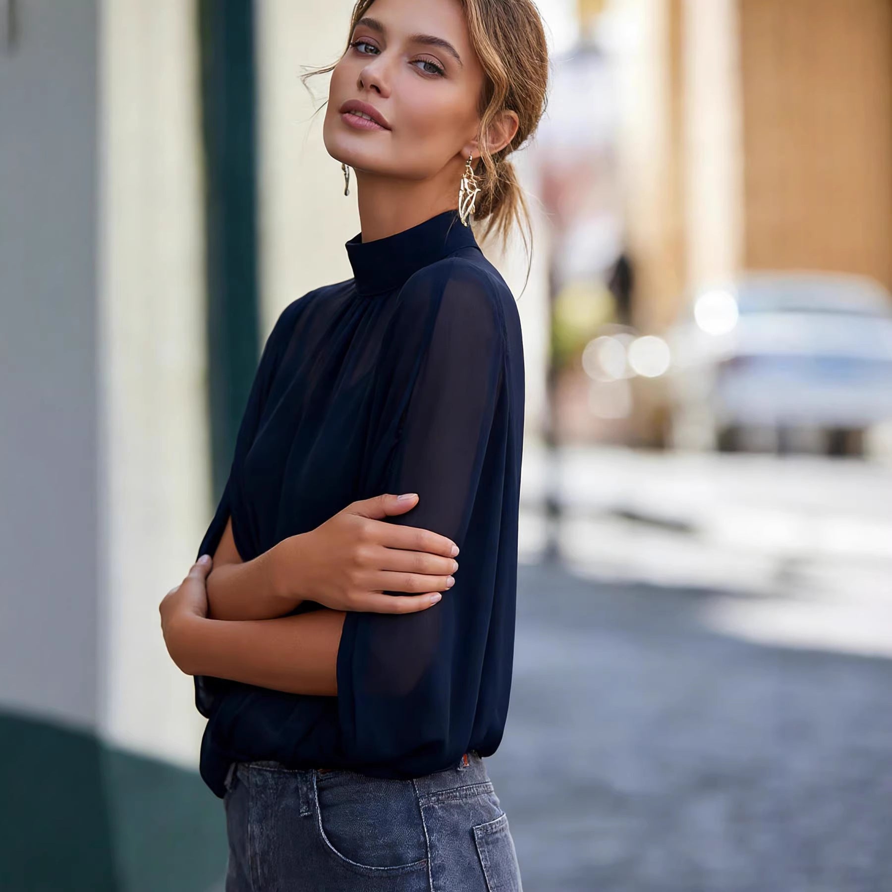 Fashionable Chic Sheer Fabric With Batwing Sleeves And A Slit