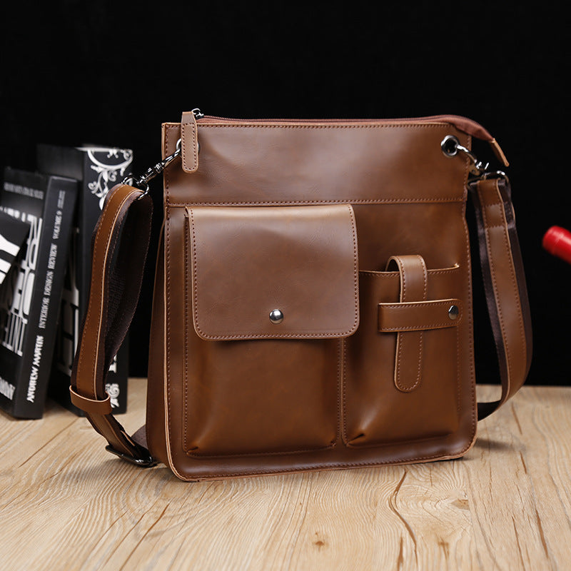 Men’s Brown PU Leather Shoulder Messenger Bag with Zipper - Wazzi's Wear