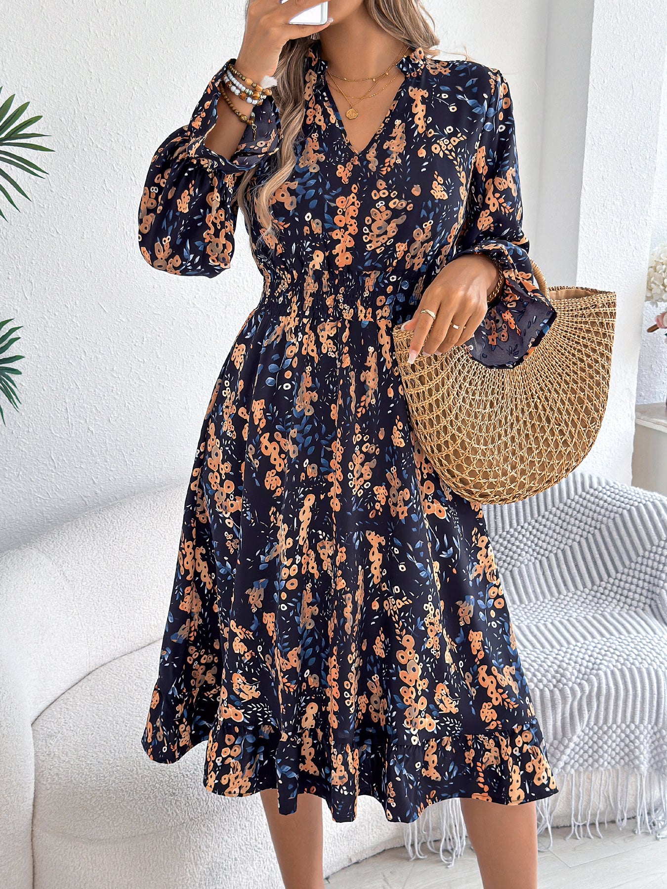 Women's Casual Floral Print Bell Sleeve Tie Waist A-Line Dress