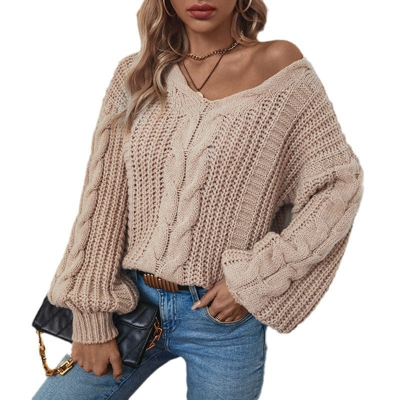 Women’s Lantern Sleeve Twist-Knit V-Neck Sweater