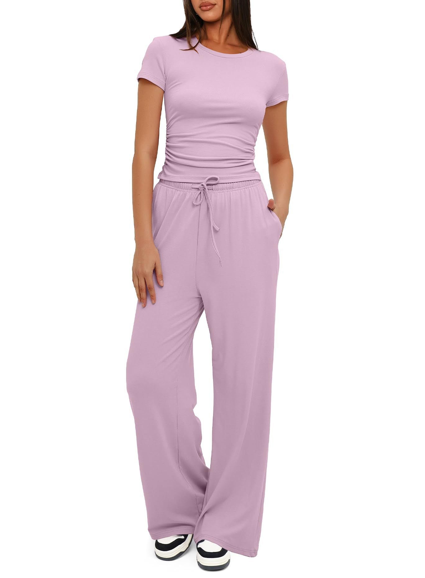 Women’s Short Sleeve Top with Matching Drawstring Wide-Leg Pants