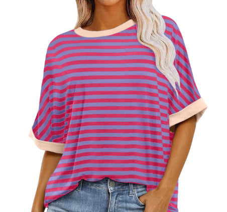 Striped Crewneck Trendy Short-sleeve Color-block Pullover