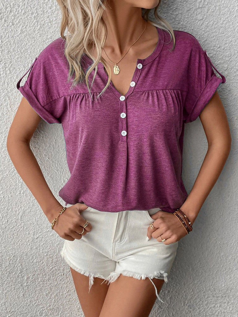 Women's Cotton V-Neck Top with Short Sleeves and Buttons in 10 Colors S-5XL - Wazzi's Wear