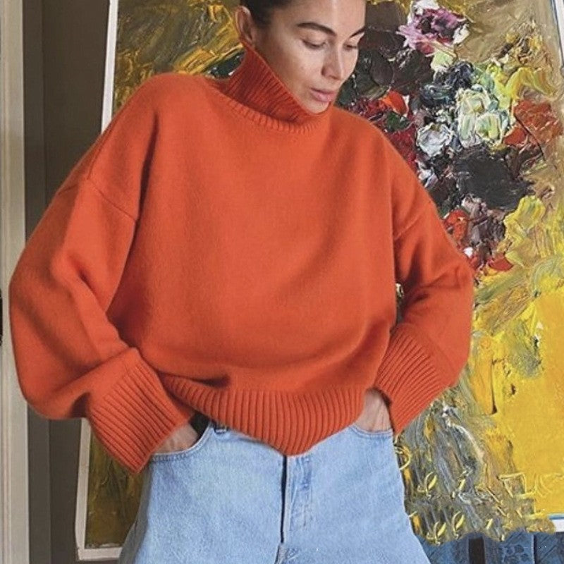 High Collar Loose Knitted Top Sweaters Women's Clothing
