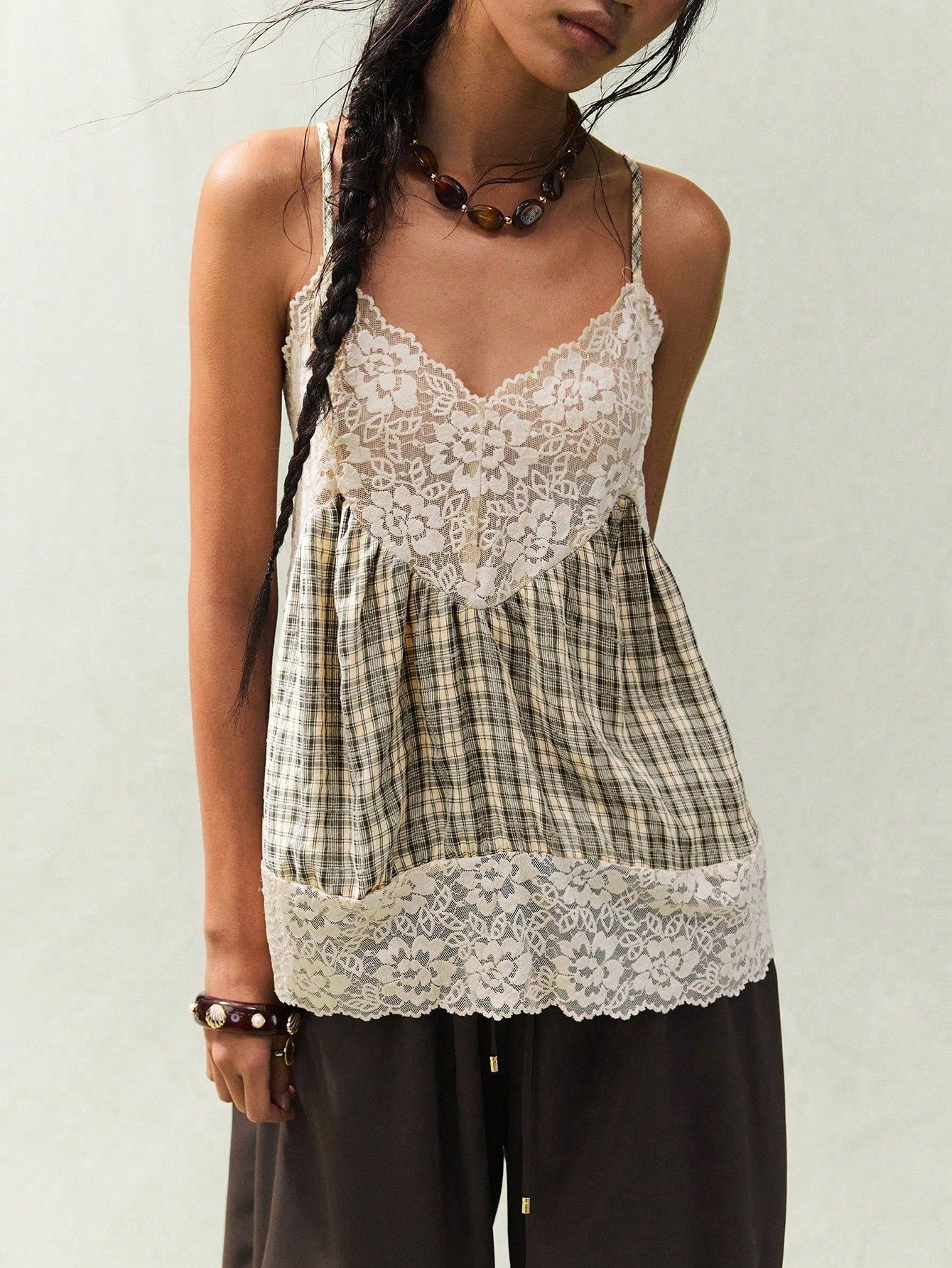 Retro Lace Patchwork Plaid Suspender Dress For Women