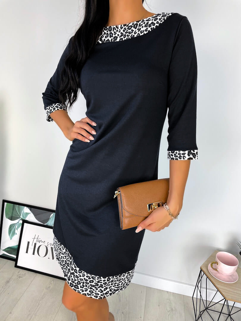 Women’s Three-Quarter Sleeve Black Midi Dress with Leopard Print Trim