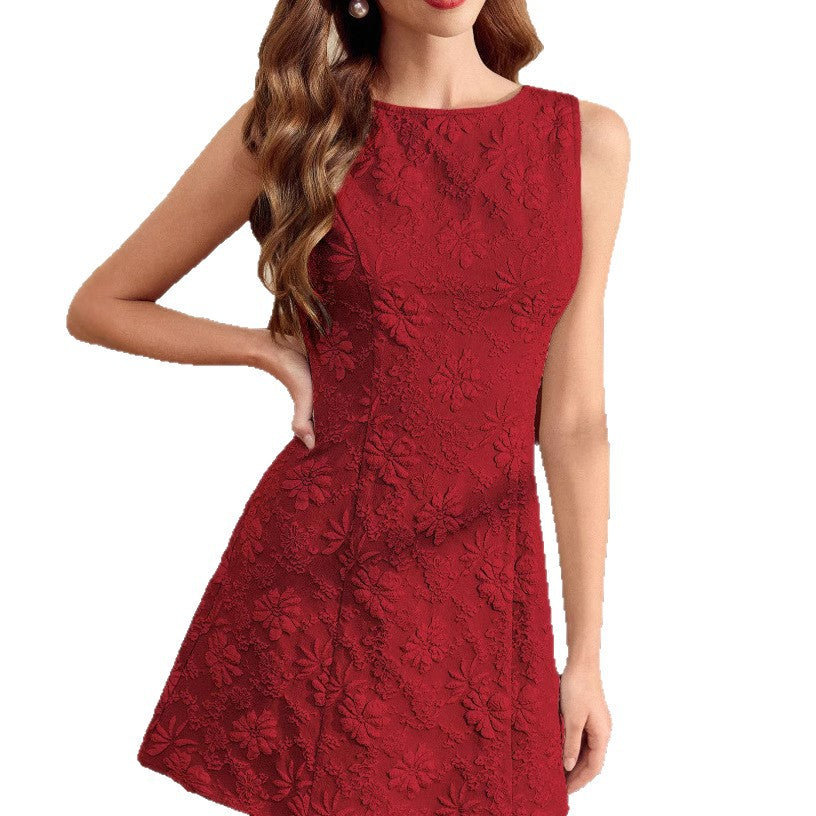 Floral Jacquard Sleeveless Dress French Minimalist Style Women's Summer Dress