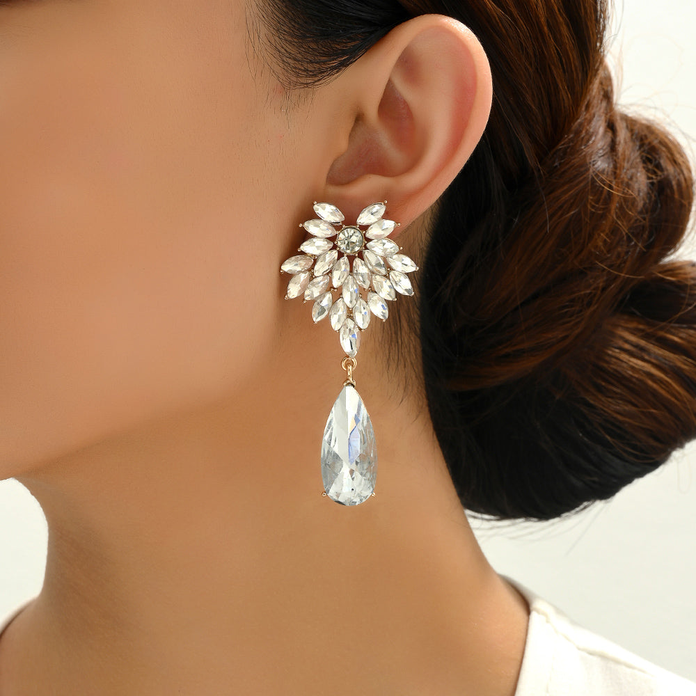 Floral Crystal Teardrop Dangle Earrings Statement Rhinestone Drop Jewelry For Women Party Wedding Bridal Prom