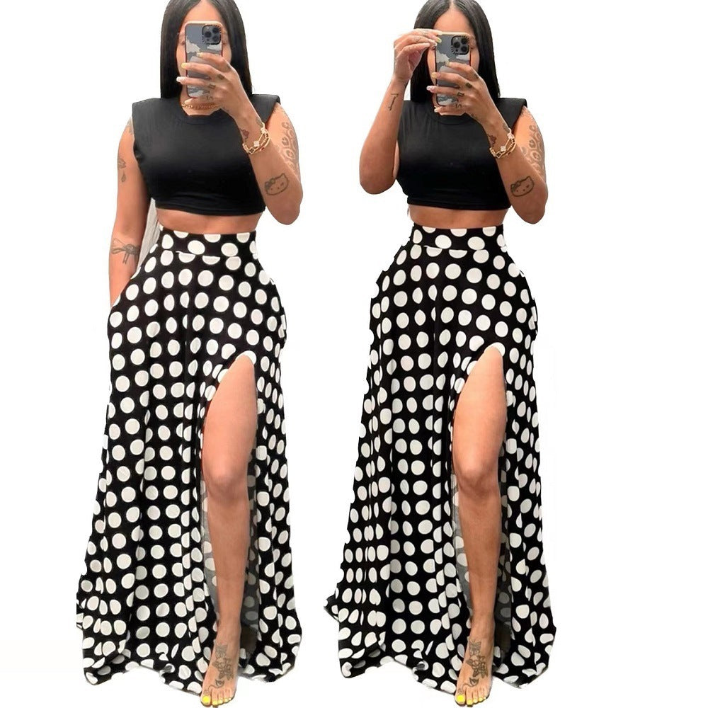 High-waisted Split Midi Skirt With A Polka Dot Print