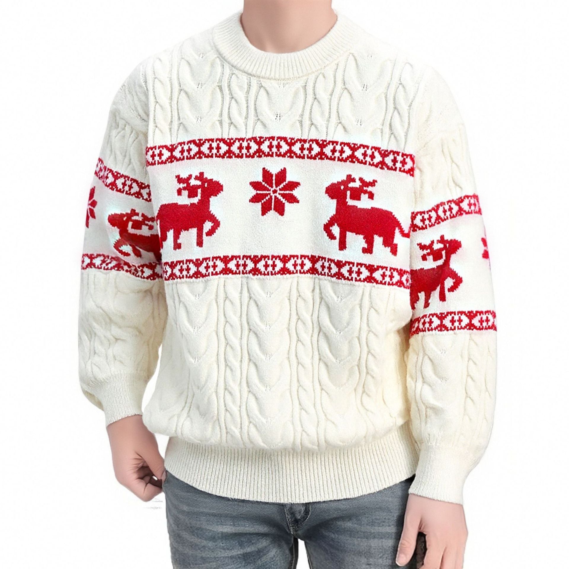 Men's round neck sweater in white with red reindeer and snowflake jacquard pattern, long sleeve knitwear.