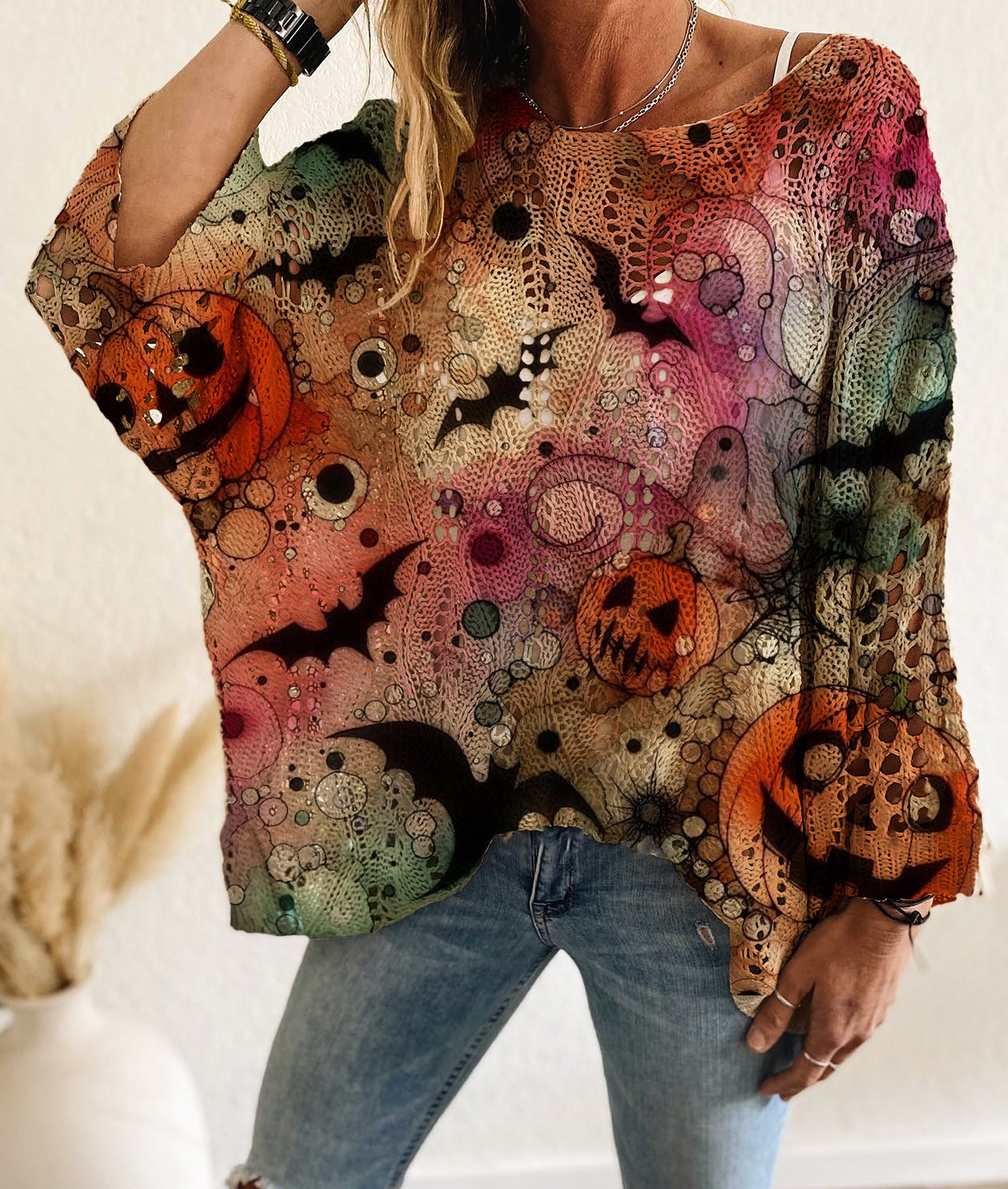 Four Seasons Off-neck Diamond Hollow Batwing Long Sleeve