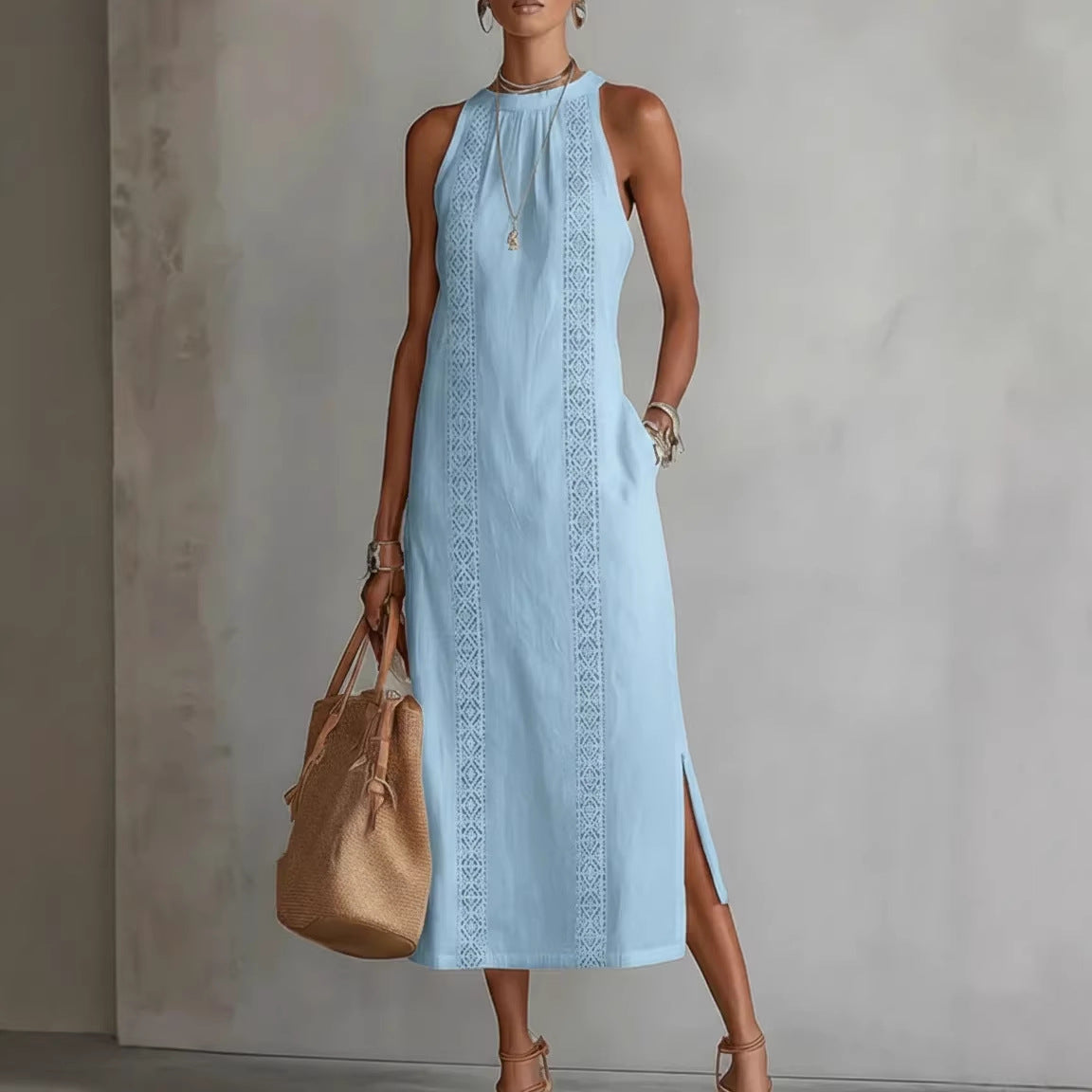 Womens Halterneck Holiday Lace-Patchwork Sleeveless Dress