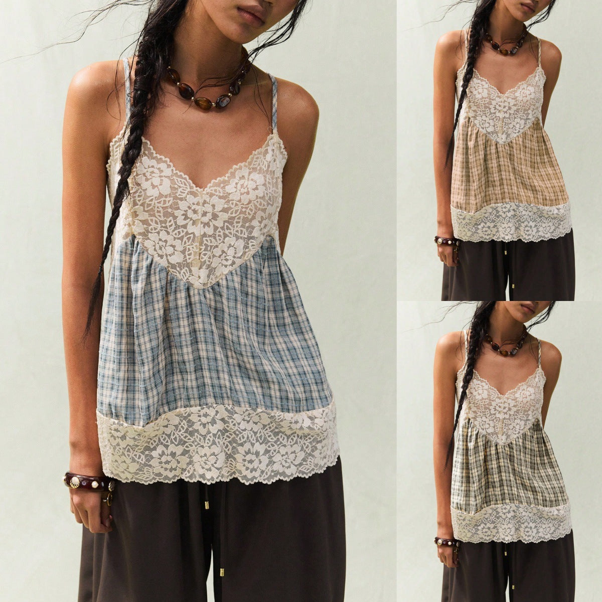Retro Lace Patchwork Plaid Suspender Dress For Women