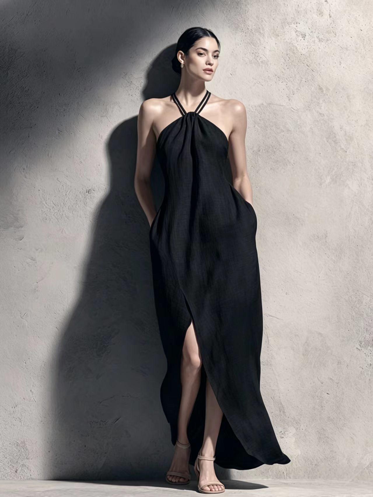 Womens Cinched Waist Side-Slit Halter Dress