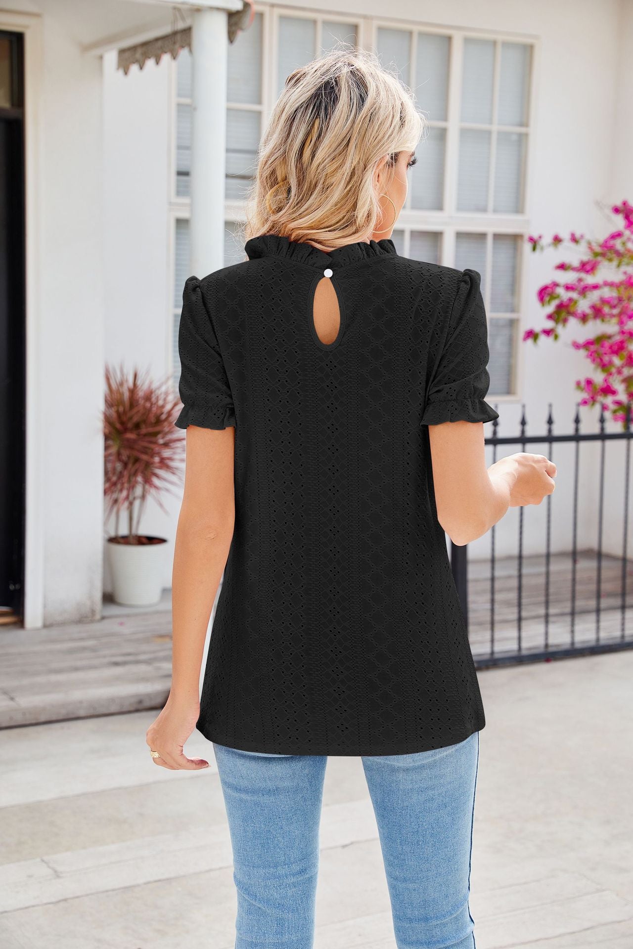 Top de manga corta con cuello redondo y volantes para mujer en 5 colores S-XXL