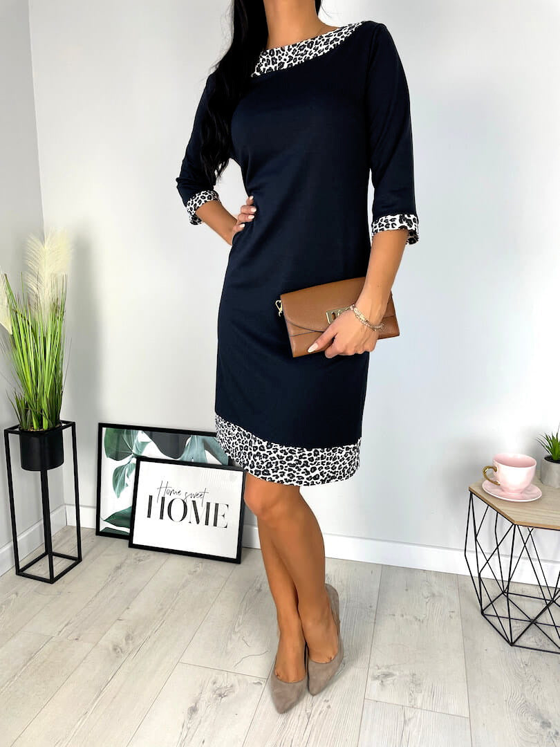 Women’s Three-Quarter Sleeve Black Midi Dress with Leopard Print Trim