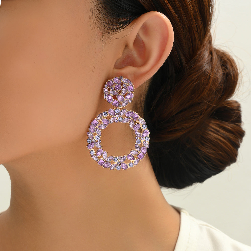 Luxury Elegant Two Tier Full Rhinestone Hollow Circle Statement Dangle Earrings For Women Party Prom Wedding Evening Daily Wear
