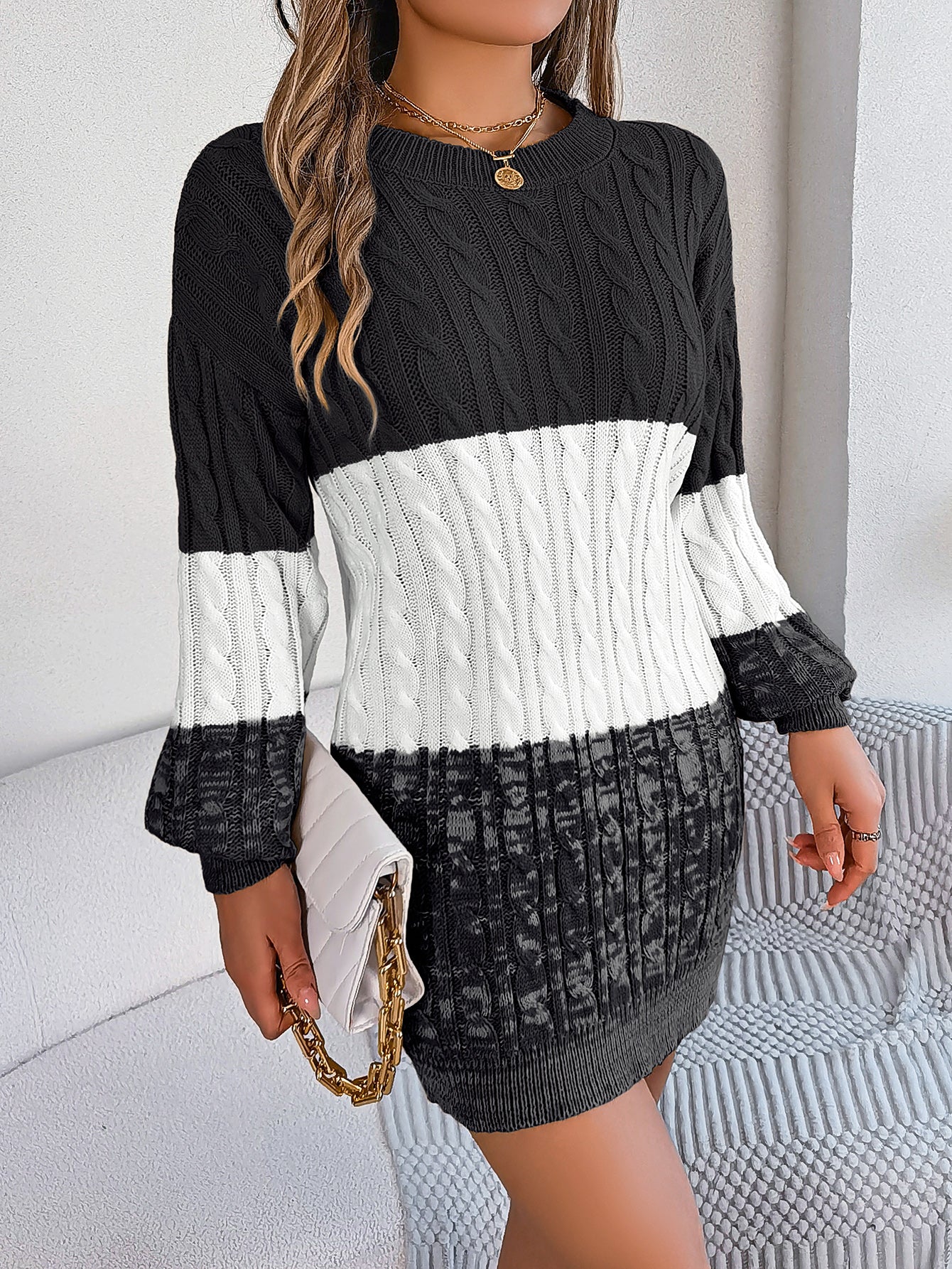 Casual Color Block Cable Knit Lantern Sleeve Sweater Dress