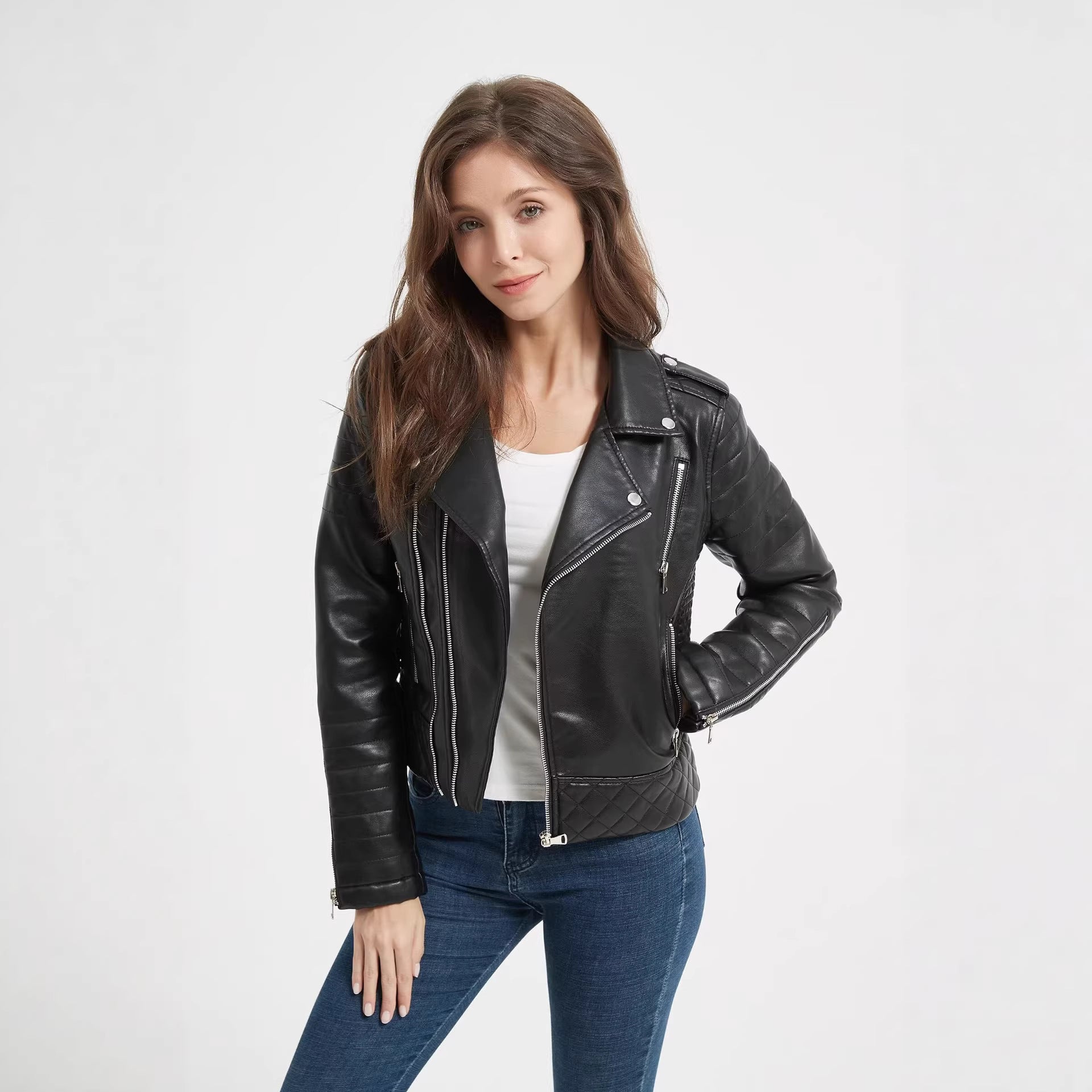 Turn-down Collar Motorcycle PU Leather Jacket Womens