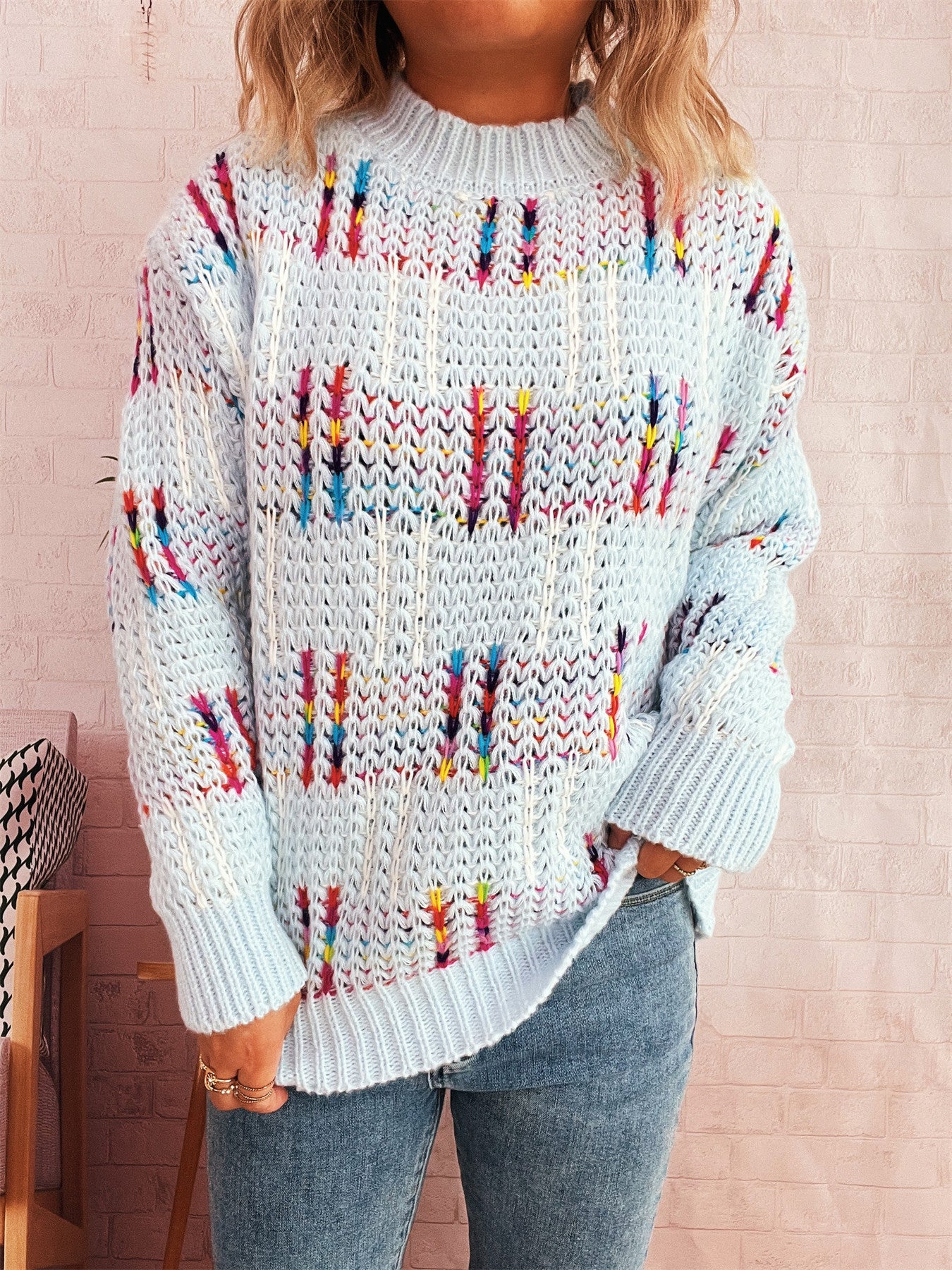 Contrast Color Cute Style Knitted Pullover Sweater For Women