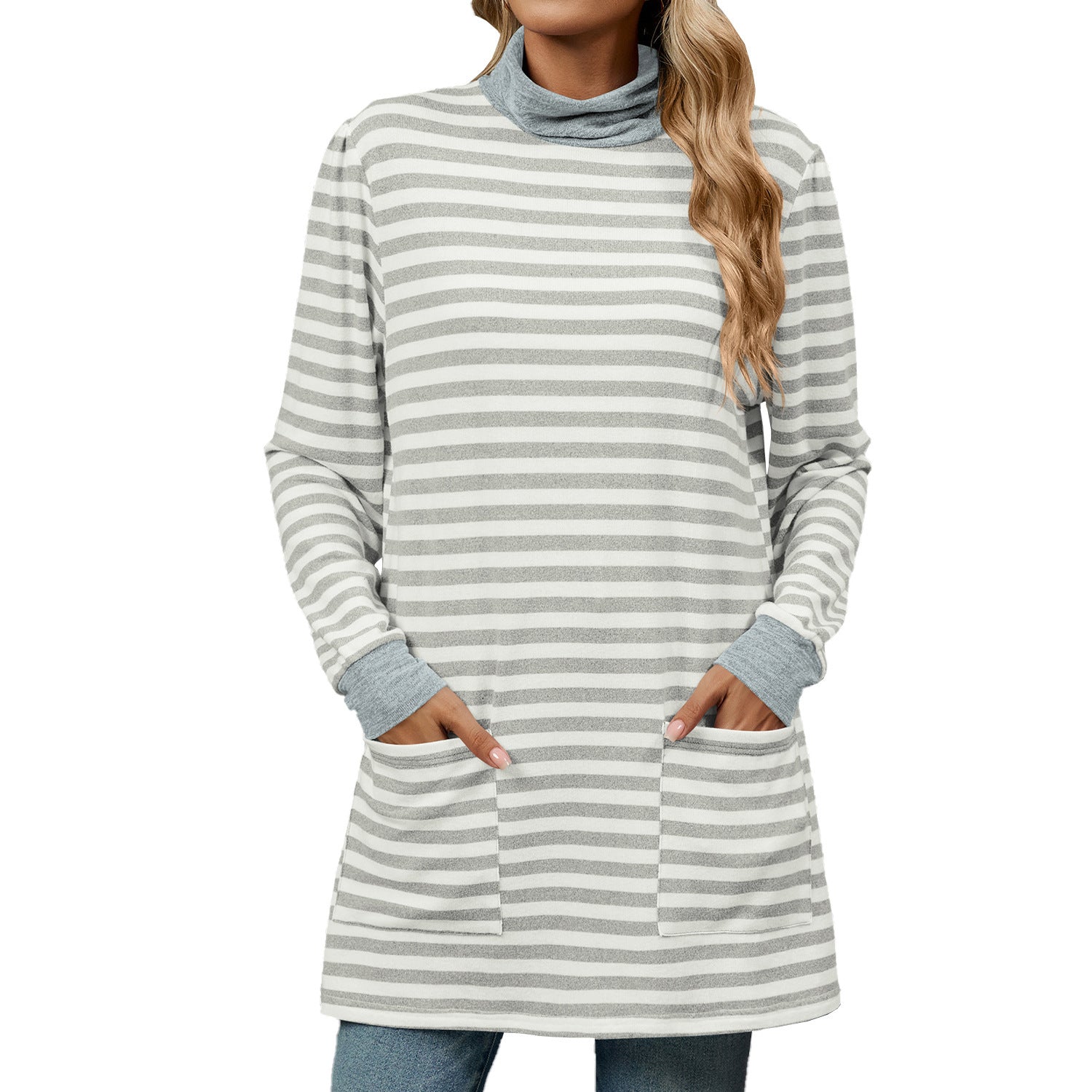 Women’s Turtleneck Striped Long Sleeve Shirt with Pockets