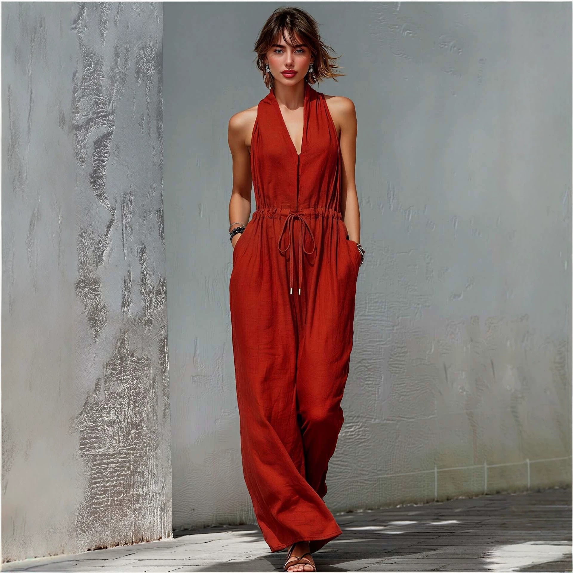 Womens Sleeveless Solid-Color Long Holiday Jumpsuit
