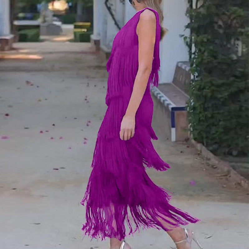 Women’s Solid Color Dress with Diagonal Collar & Multi-layer Tassel Stitching Design
