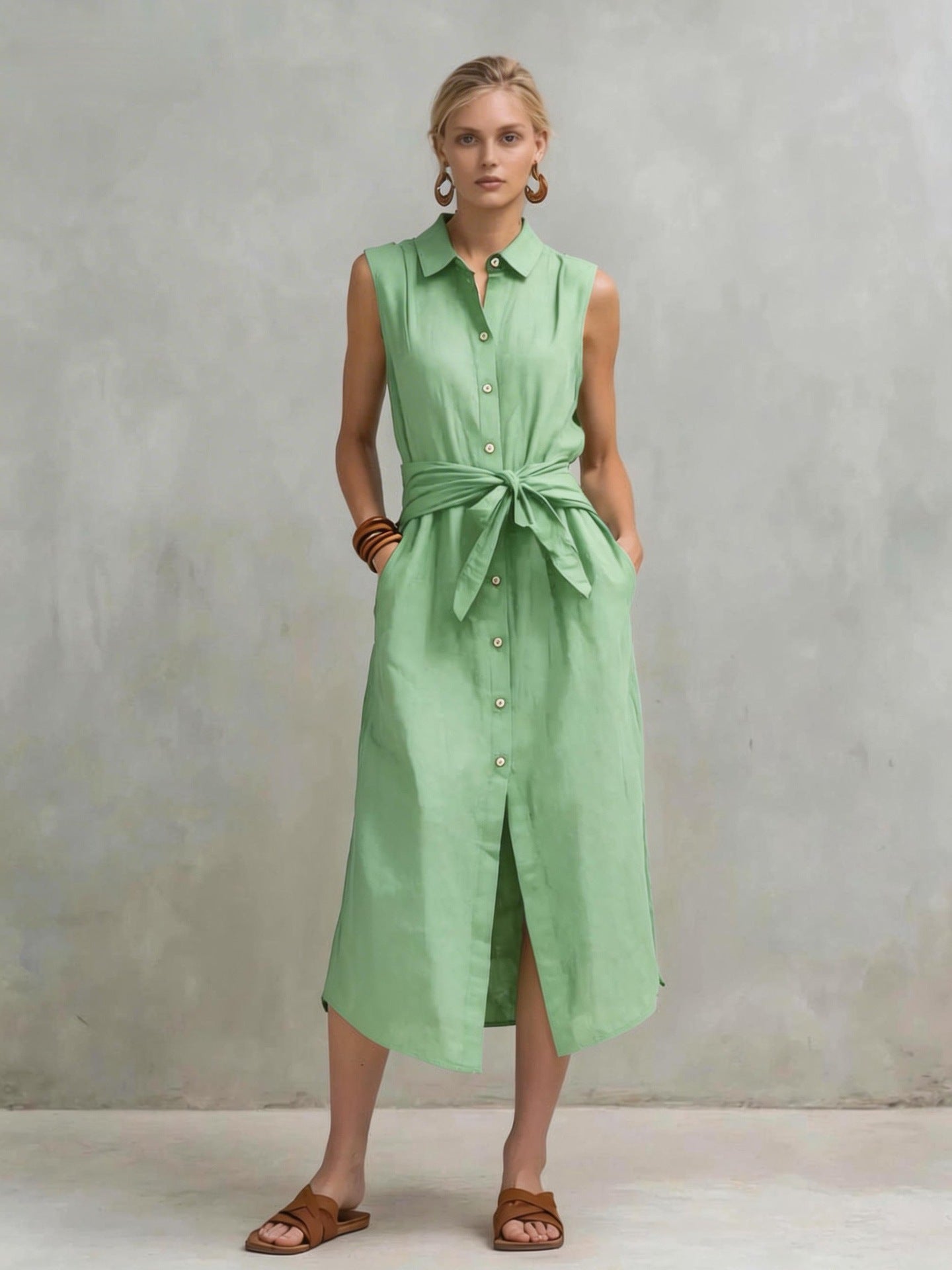 Casual Cotton-Linen Bag-Style Solid-Colored Sleeveless Dress