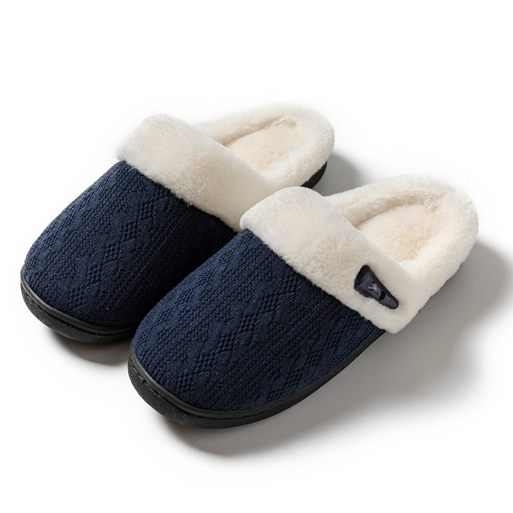 Women's warm non-slip navy blue slippers with artificial hair lining, cotton upper, and rubber sole.