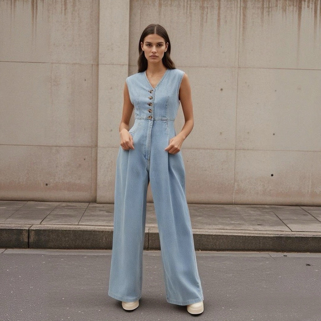 V-neck Double-breasted Sleeveless Wide Leg Overall Jeans