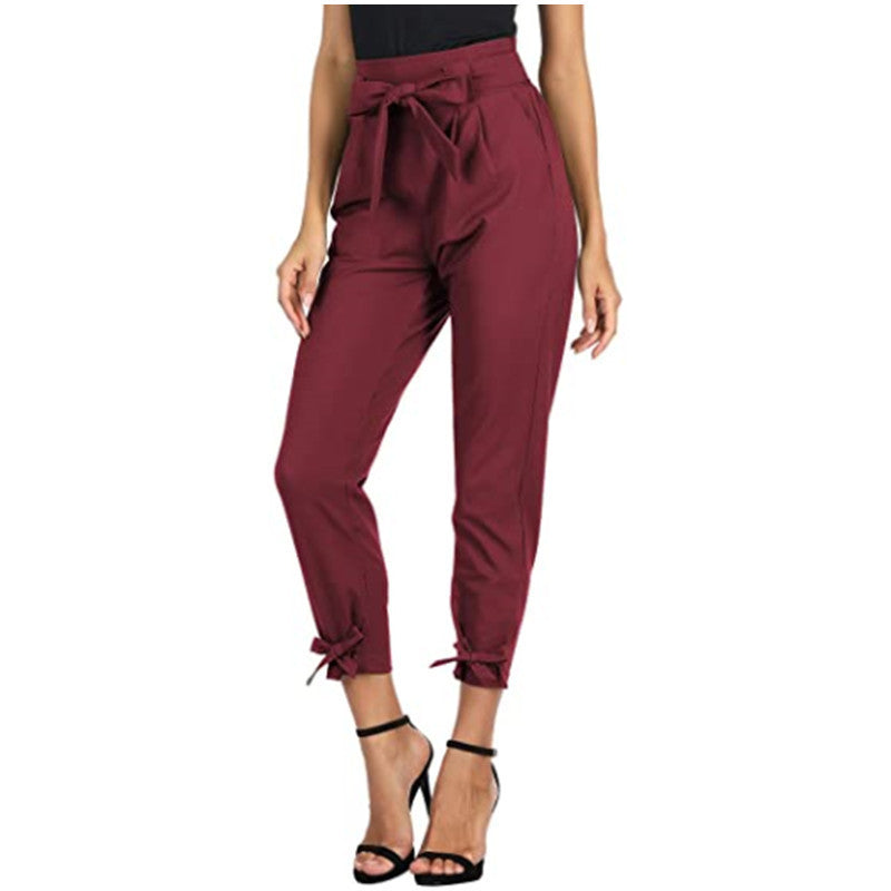 Women’s High Waisted Cuffed Pants with Pockets and Bows