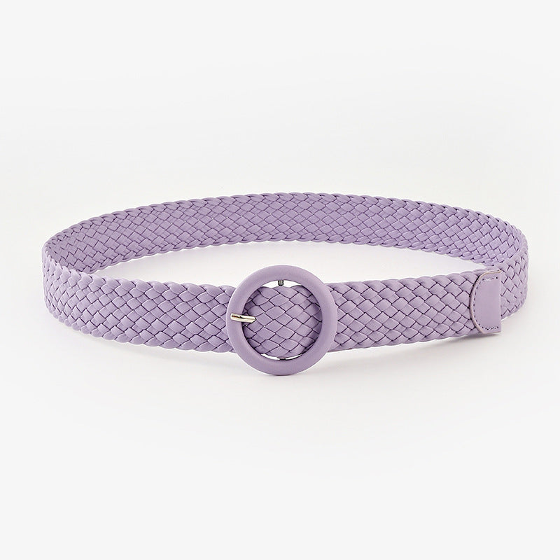 Woven Solid Colour Women’s Belt with Round Buckle