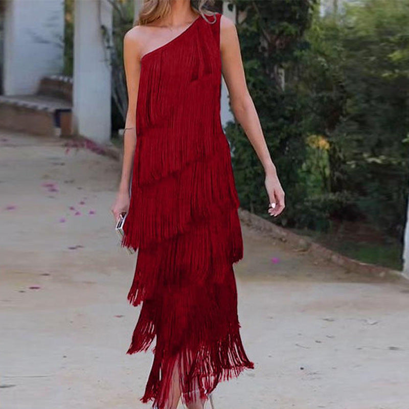 Women’s Solid Color Dress with Diagonal Collar & Multi-layer Tassel Stitching Design