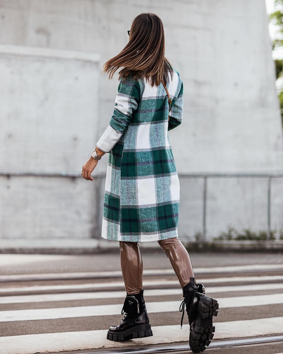 Printed Mid-length Plaid Wool Coat Women