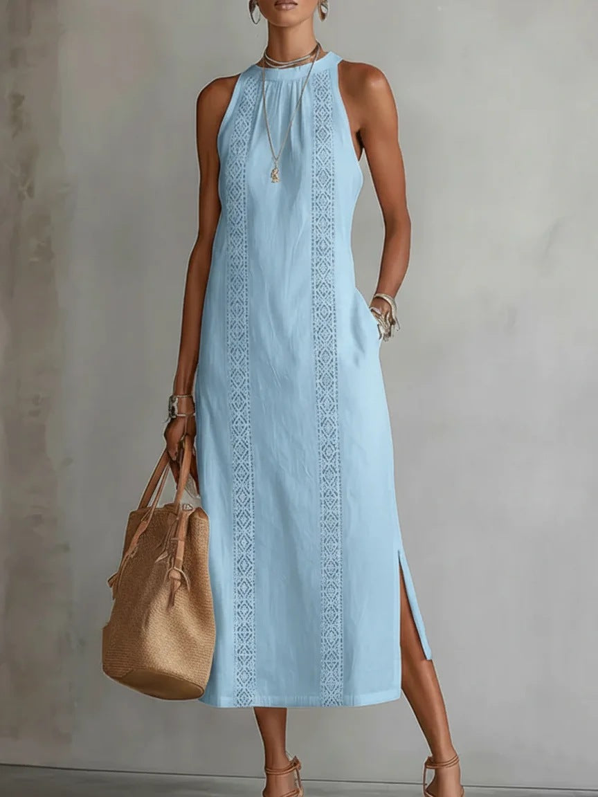 Womens Halterneck Holiday Lace-Patchwork Sleeveless Dress