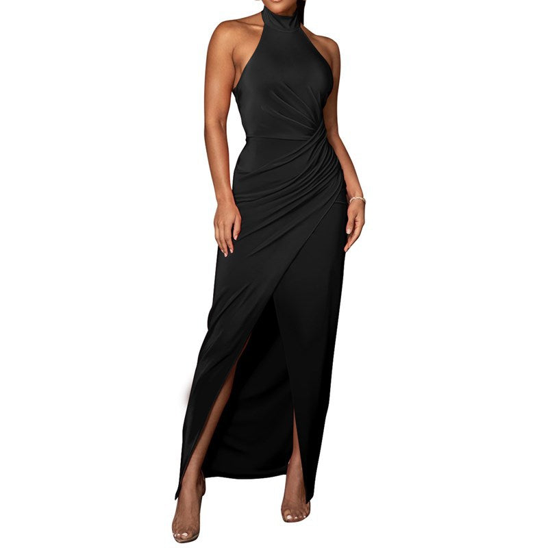 Women’s Sleeveless Halter Neck Evening Dress with Leg Slit in 4 Colors S-2XL - Wazzi's Wear