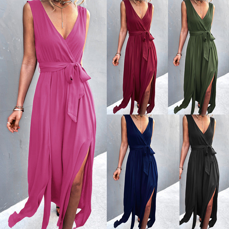 Women's V-Neck Sleeveless Dress with Waist Tie and Leg Slit in 5 Colors S-XL - Wazzi's Wear