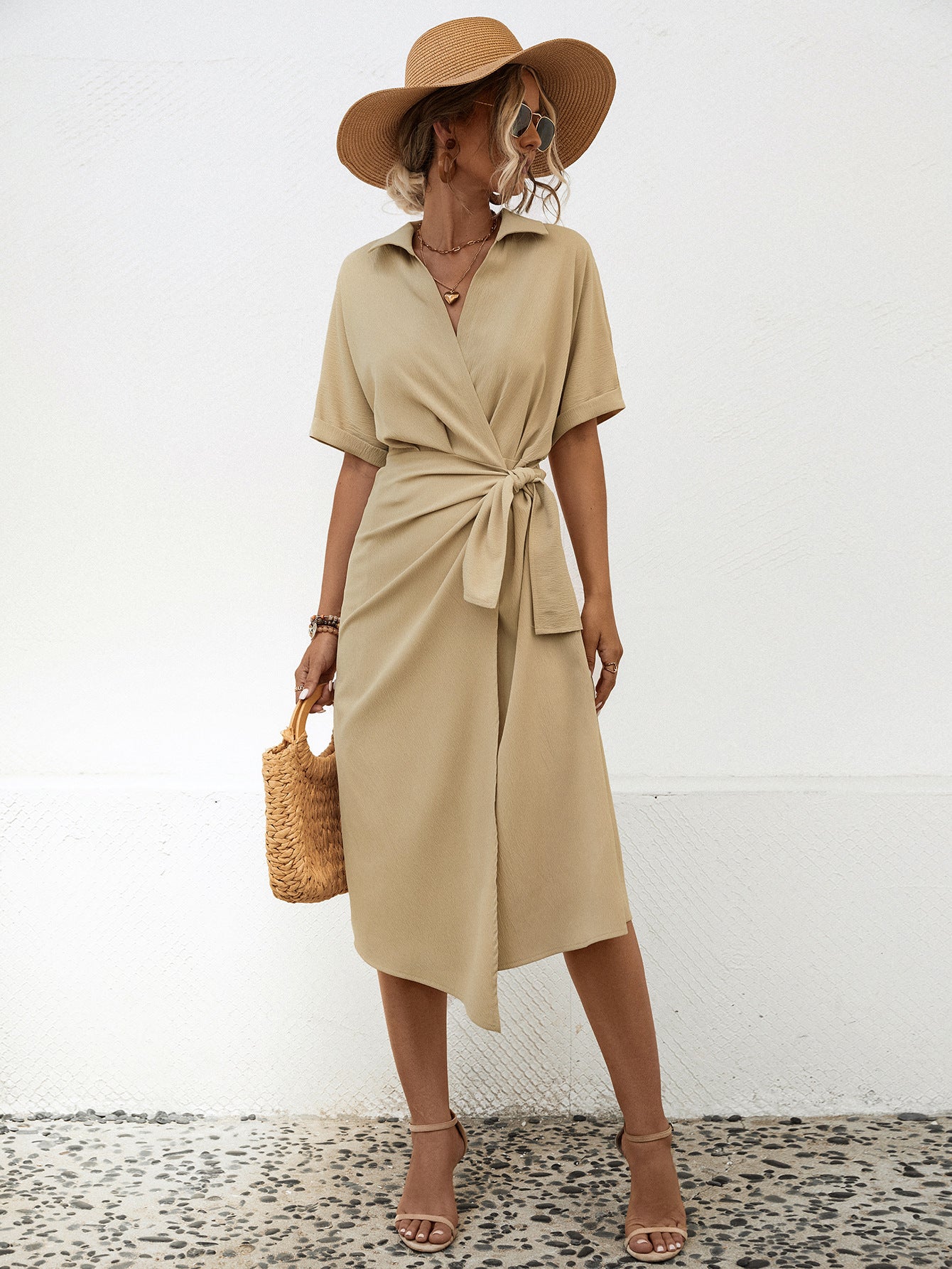 Women’s Short Sleeve Midi Dress with Lapel and Waist Tie