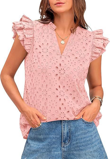 Women's Eyelet Top Fashion Casual V-neck Pleated Cover Sleeve Lace Embroidered Shirt