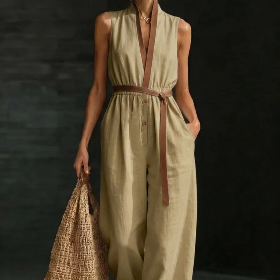 V-neck Fashionable Womens Sleeveless Jumpsuit