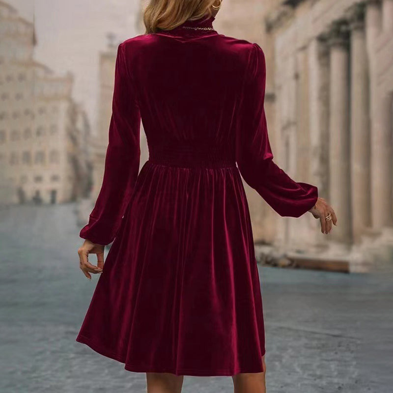 Women's Mock Neck Velvet Midi Dress, Smocked Waist Long Sleeve Casual Dress