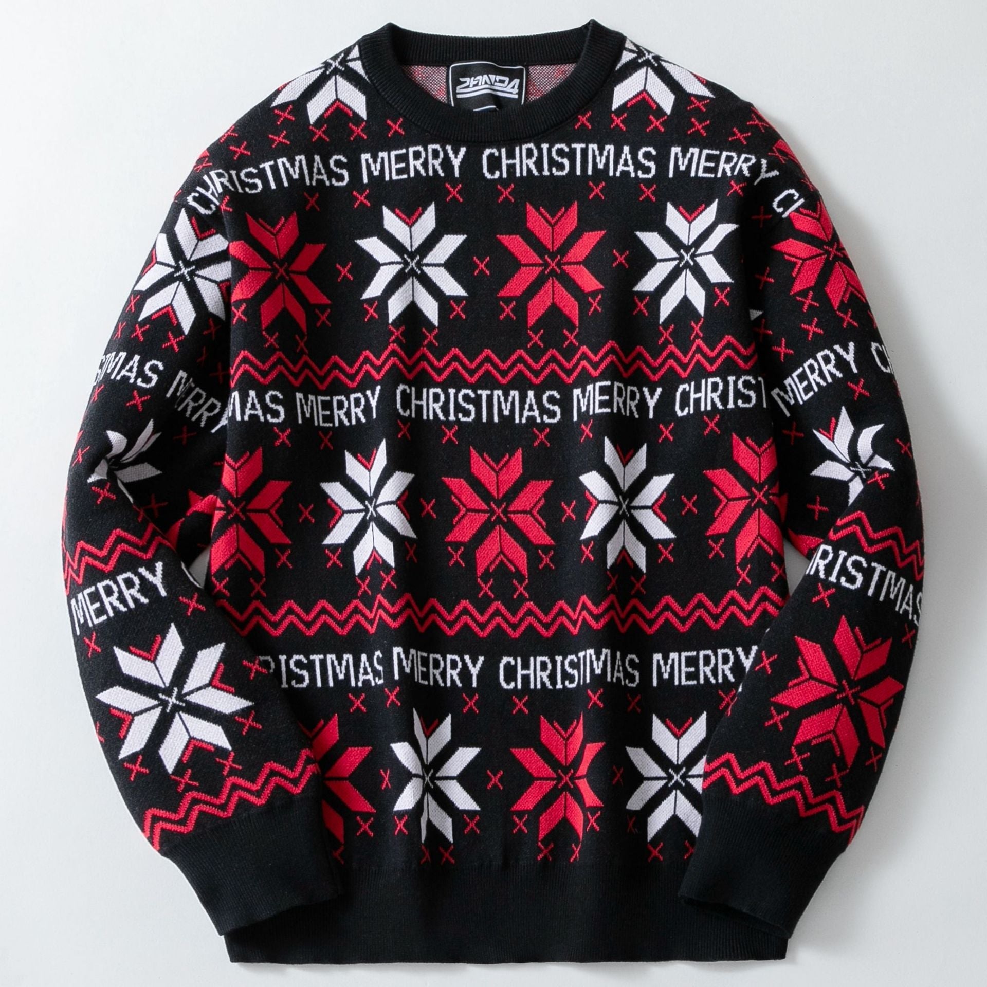 Men's black and red Christmas jacquard pullover sweater with long sleeves and snowflake pattern