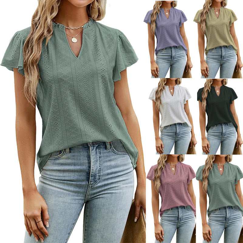 Women’s V-Neck Ruffled Short Sleeve Top in 6 Colors S-2XL - Wazzi's Wear