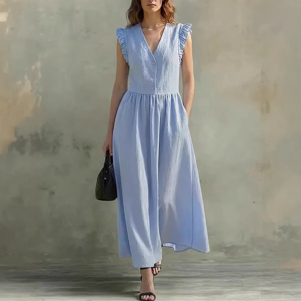 Casual Fashionable Elegant V-Neck Dress With Pockets
