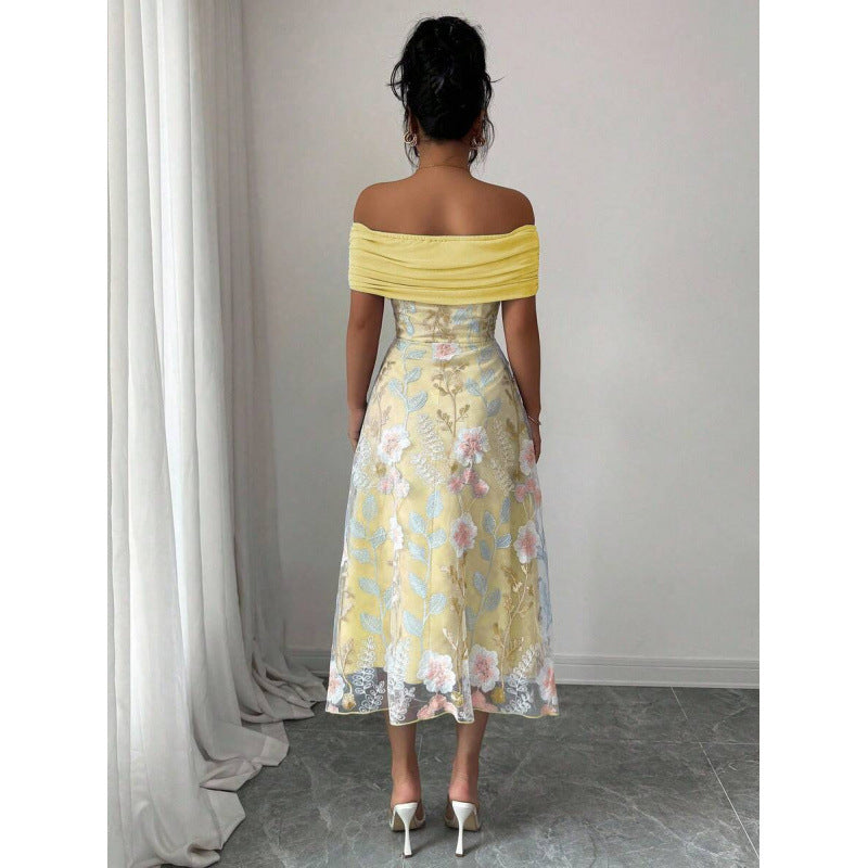 Mesh-Panel Off-the-Shoulder Pleated Dress For Women