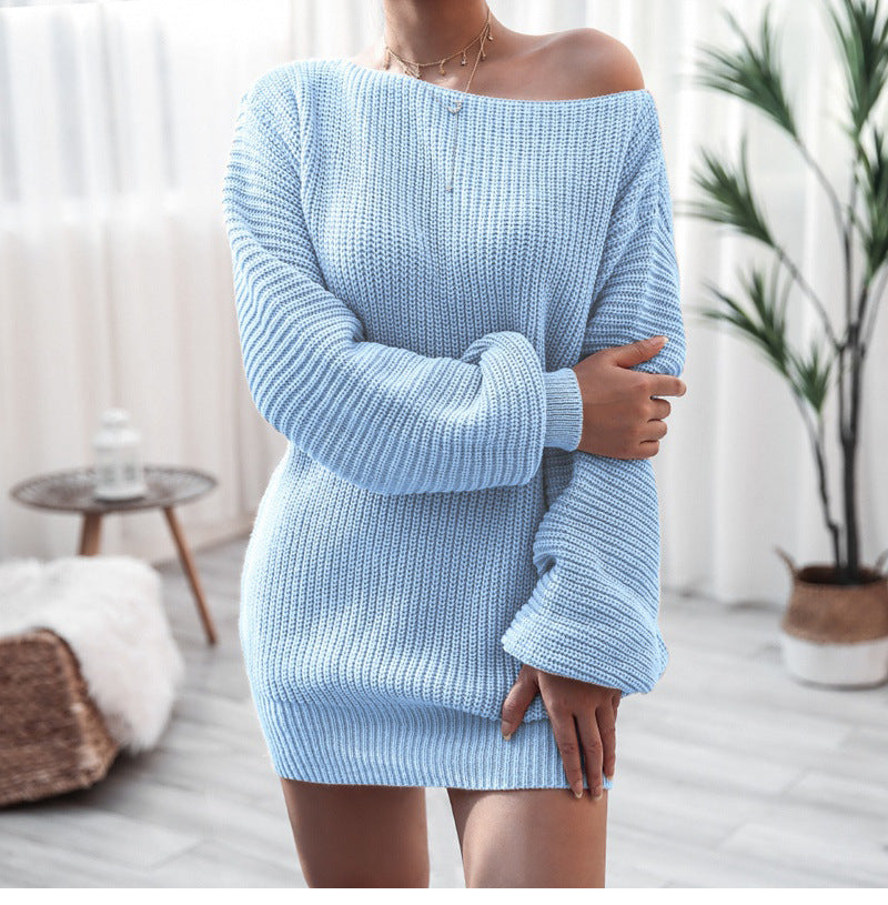 Women's Solid Color Casual Off-the-shoulder Lantern Sleeve Knitted Sweater Dress