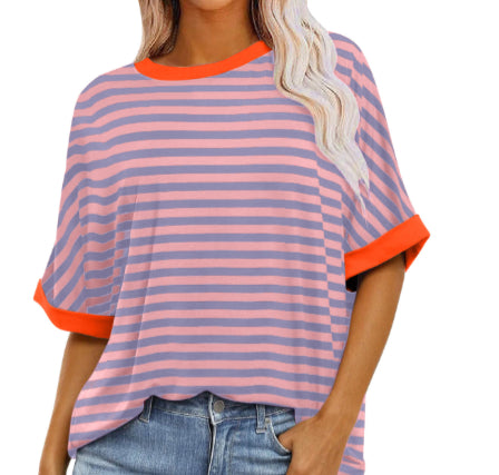 Striped Crewneck Trendy Short-sleeve Color-block Pullover