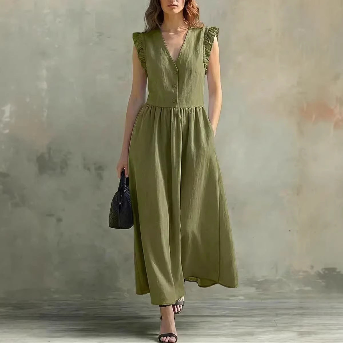 Casual Fashionable Elegant V-Neck Dress With Pockets