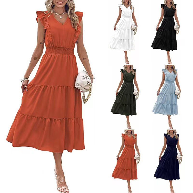 Women’s Ruffled Sleeveless V-Neck Midi Dress with Elastic Waist in 7 Colors S-XL