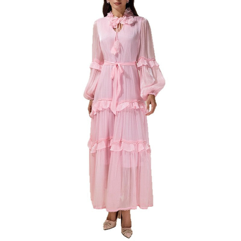 Women's Ruffled Panel Long-Sleeve Elegant Chiffon Dress
